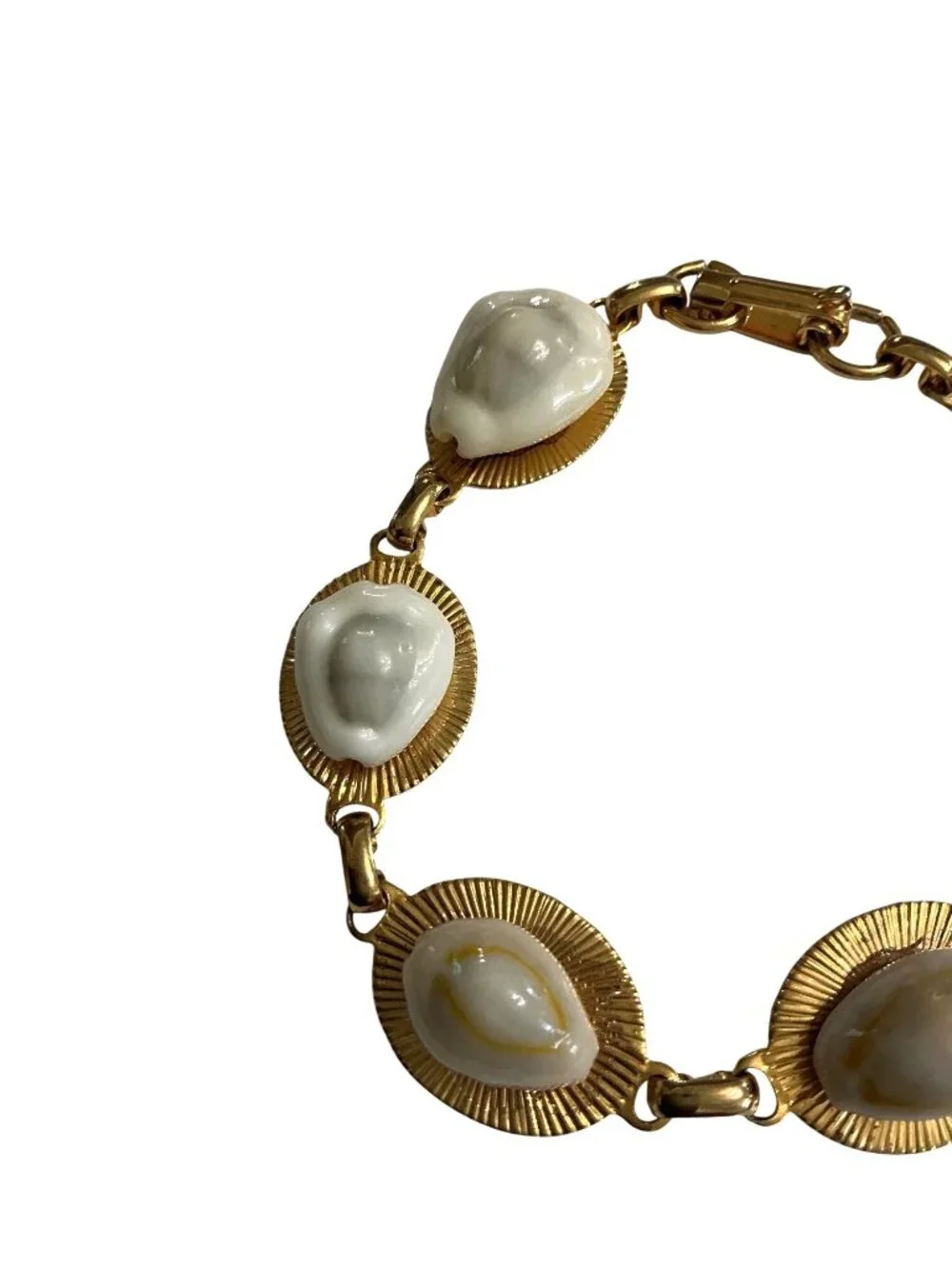 Vintage Gold-Tone  Bold Statement Bracelet With White Sculpted Cabochans